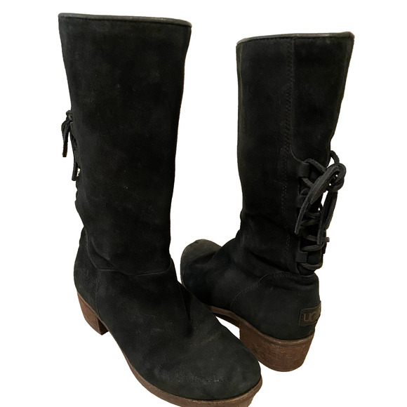 UGG Cary Black Nubuck Leather Back Lace Block Heel Mid Calf Boots 6 1005949 - Picture 1 of 12